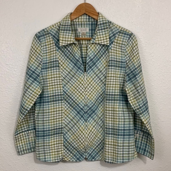 Christopher & Banks Tie Dye Plaid 1/4 Zip Woven Blouse Size L - Picture 3 of 8
